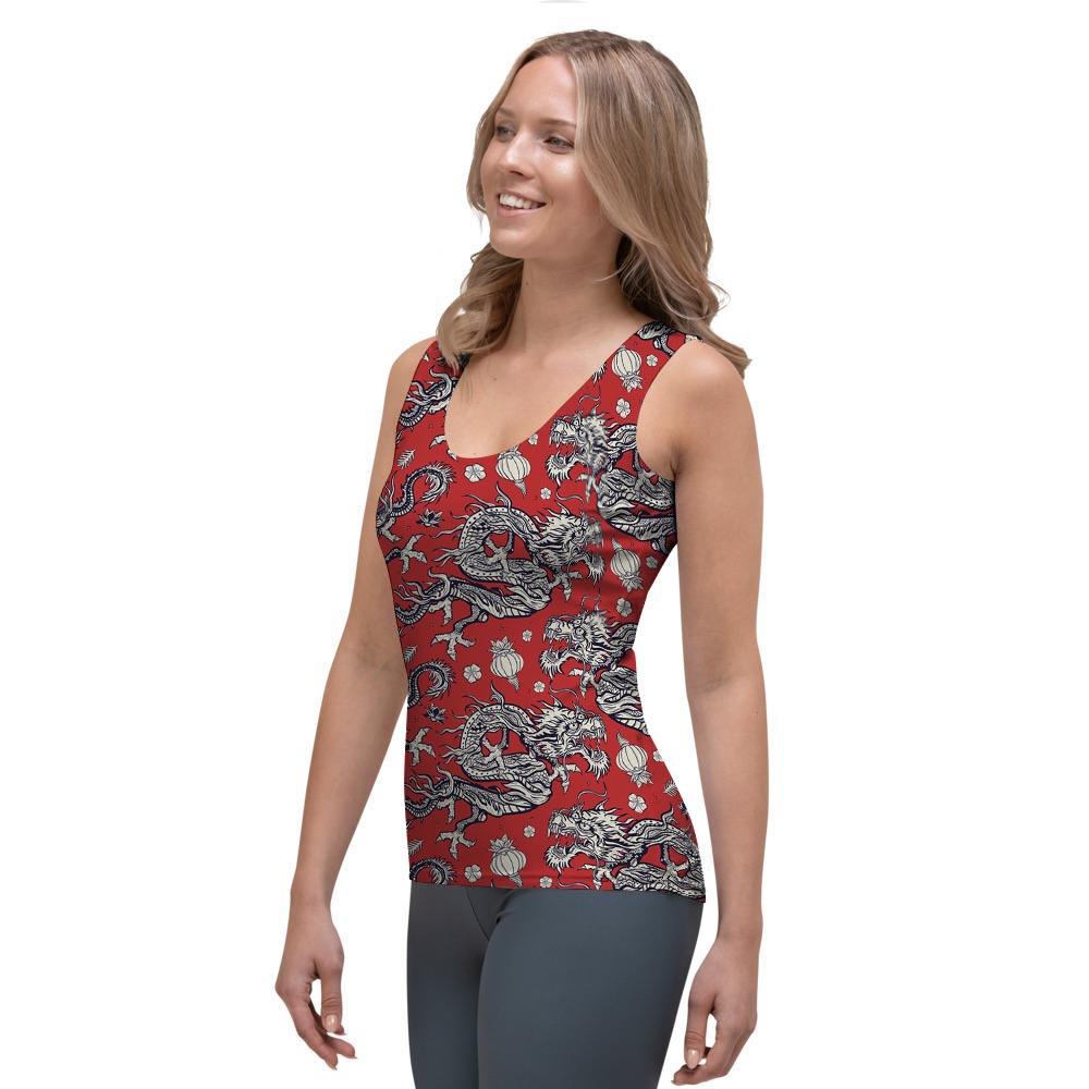 Red Chinese Dragon Floral Print Women's Tank Top-grizzshop