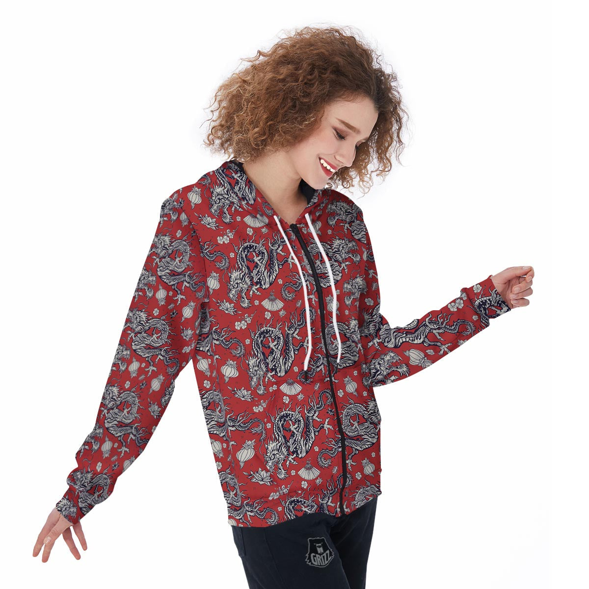 Red Chinese Dragon Floral Print Women's Zip Up Hoodie-grizzshop