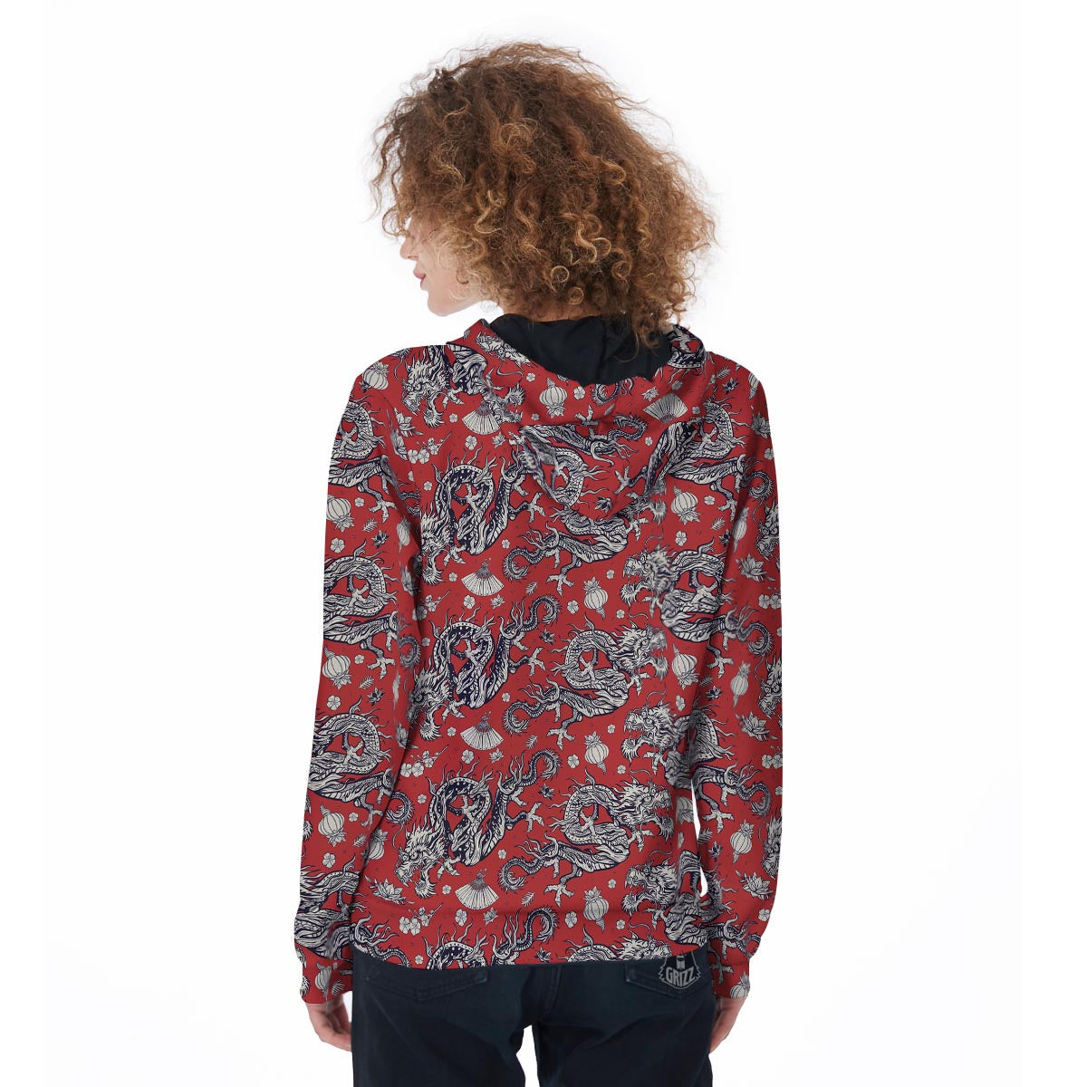 Red Chinese Dragon Floral Print Women's Zip Up Hoodie-grizzshop