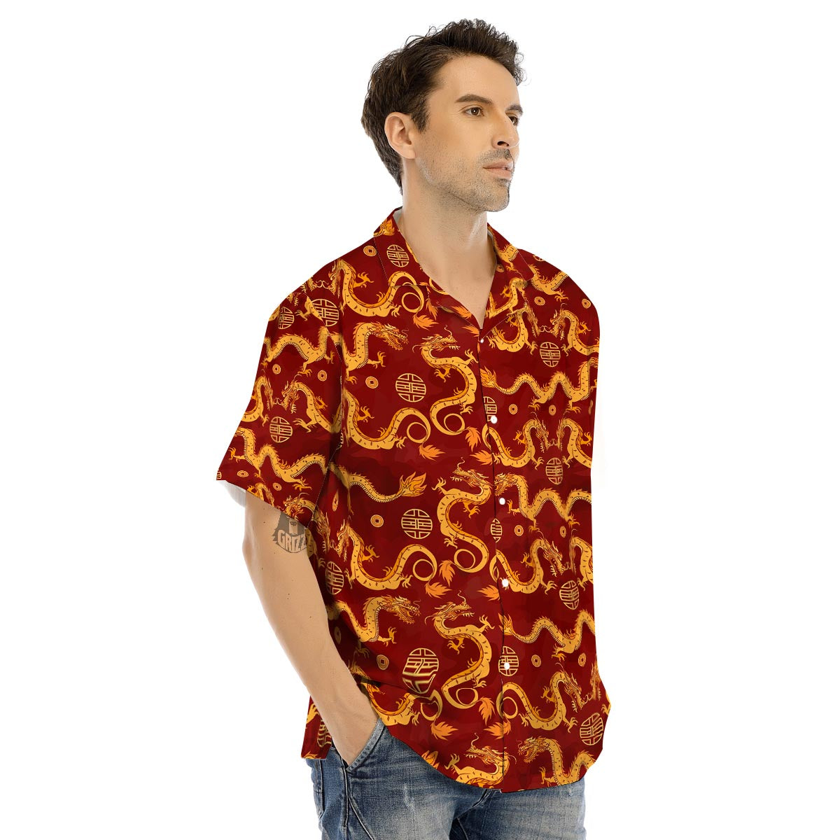 Red Chinese Dragon Men’s Hawaiian Shirt-grizzshop