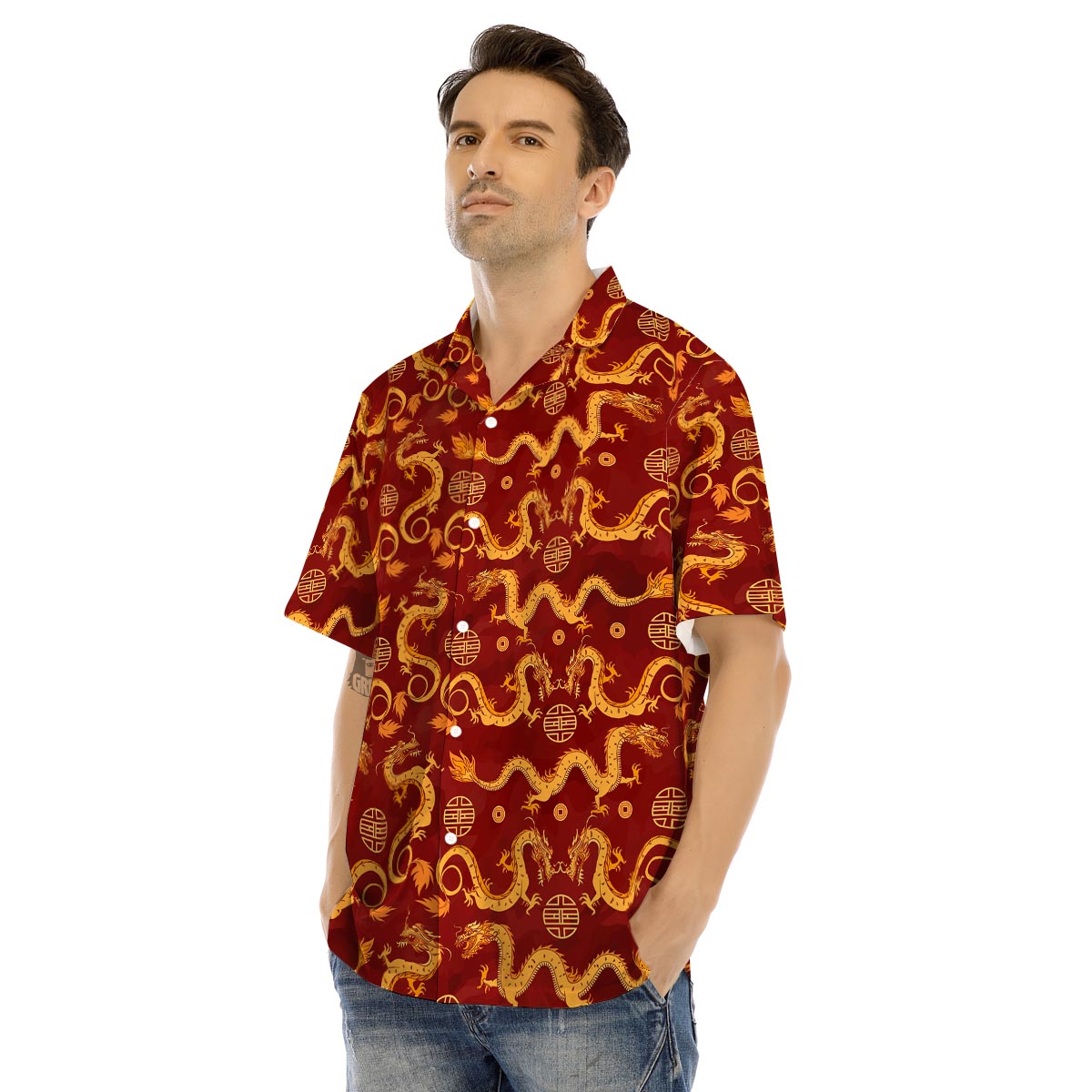 Red Chinese Dragon Men’s Hawaiian Shirt-grizzshop