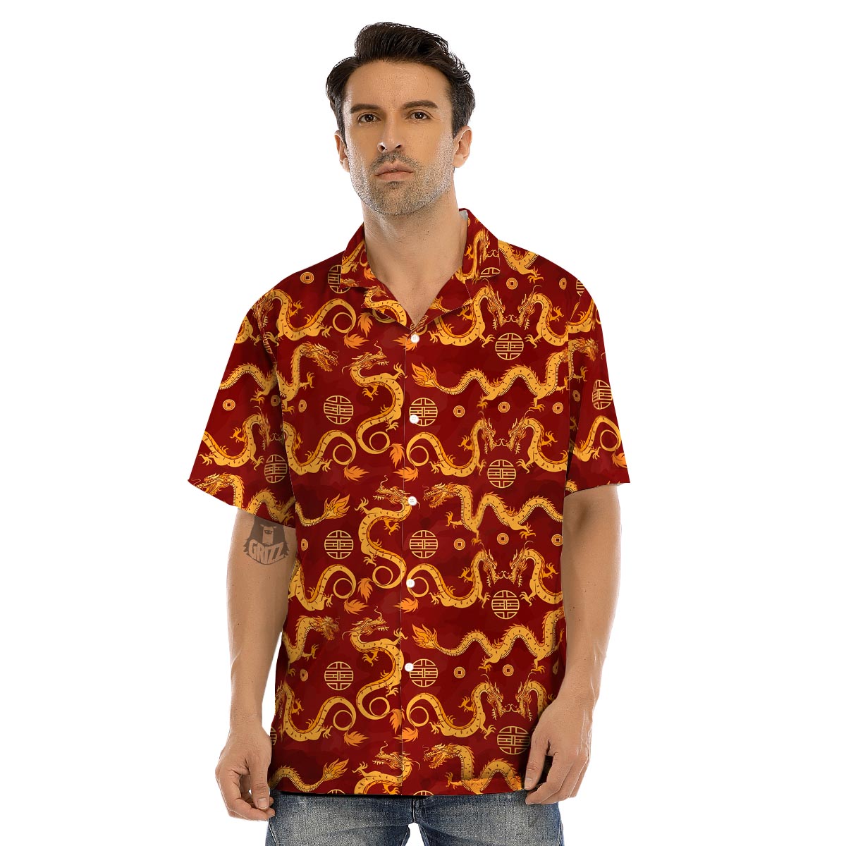 Red Chinese Dragon Men’s Hawaiian Shirt-grizzshop