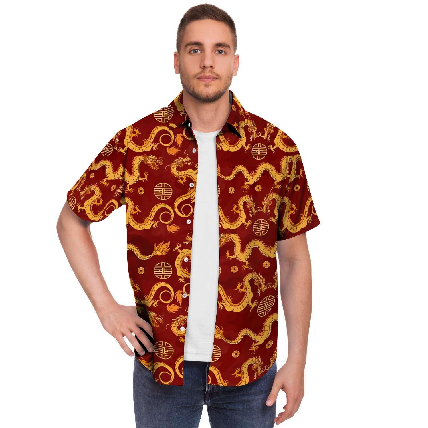 Red Chinese Dragon Men's Short Sleeve Shirt-grizzshop
