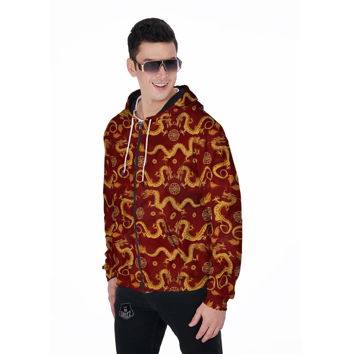 Red Chinese Dragon Men's Zip Up Hoodie-grizzshop