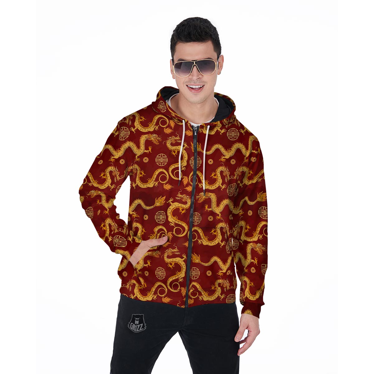 Red Chinese Dragon Men's Zip Up Hoodie-grizzshop
