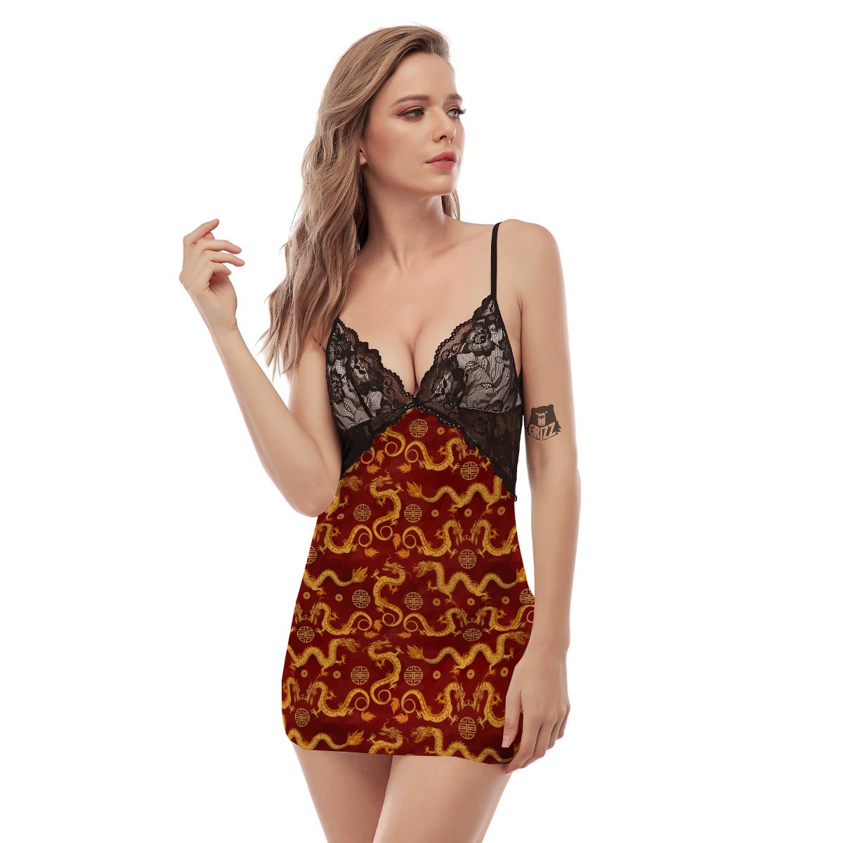 Red Chinese Dragon Women's Sexy Night Dress-grizzshop