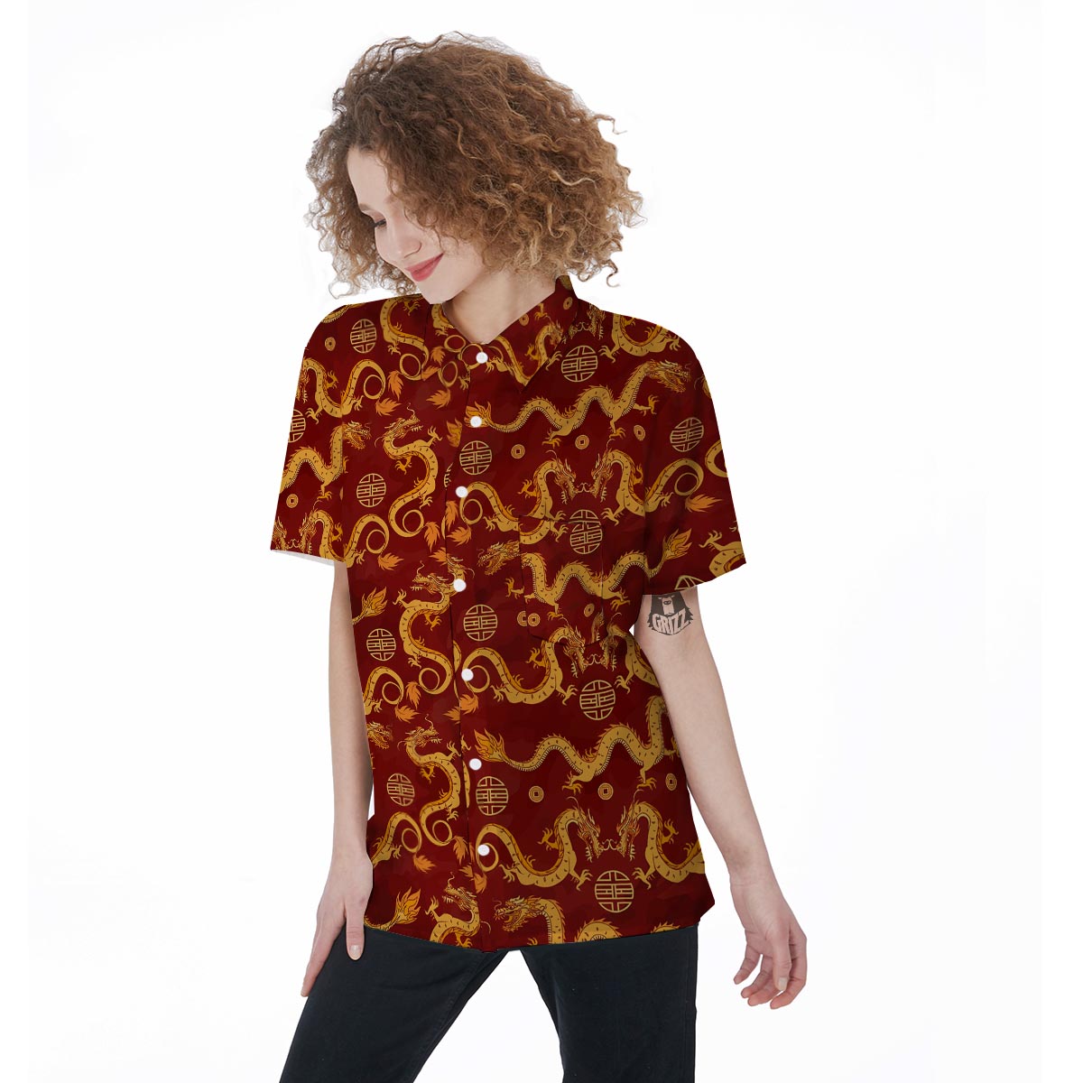 Red Chinese Dragon Women's Short Sleeve Shirts-grizzshop