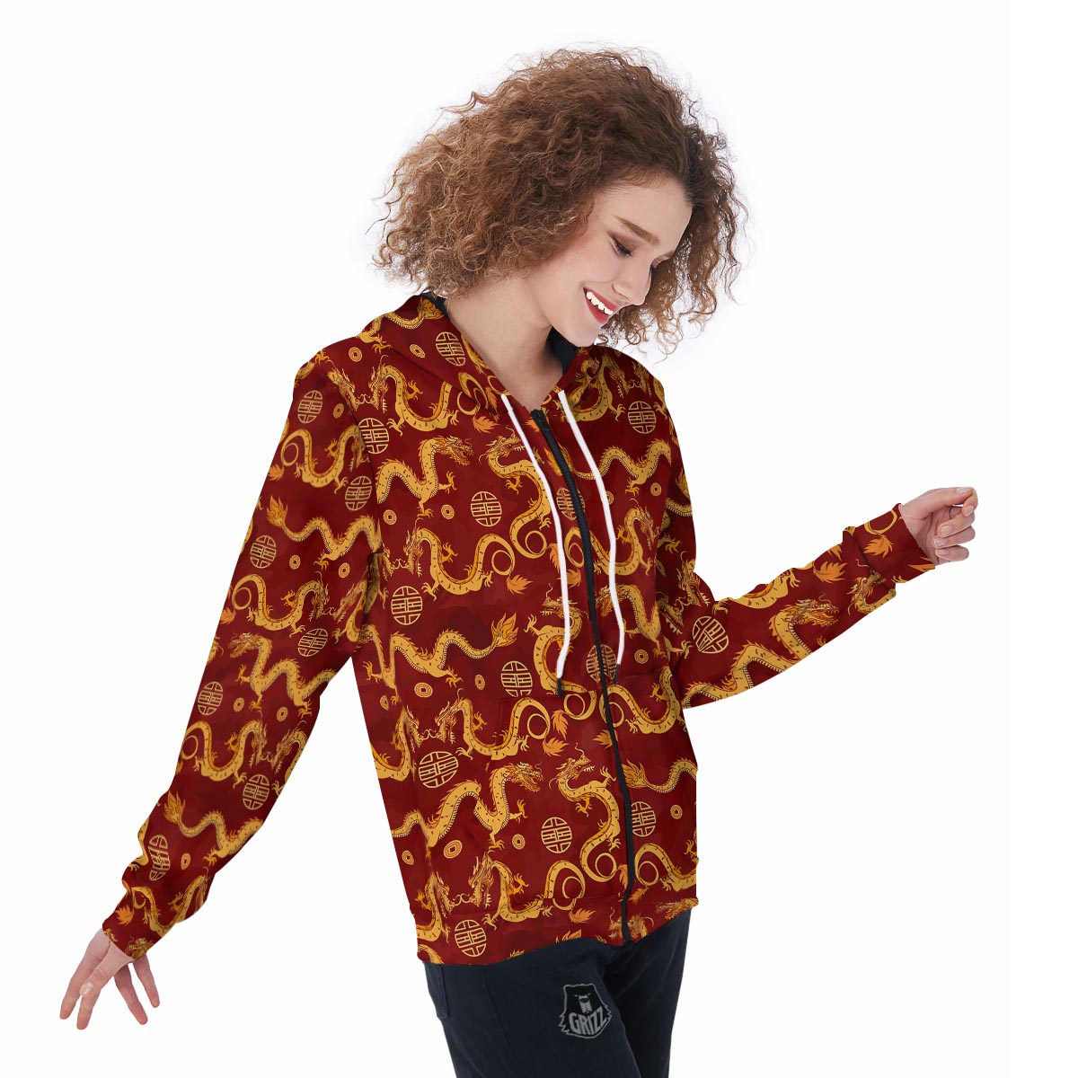 Red Chinese Dragon Women's Zip Up Hoodie-grizzshop