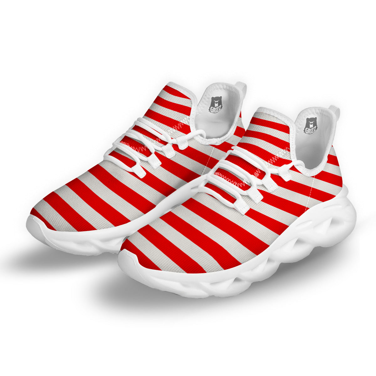 Red Color Striped Print White Running Shoes-grizzshop