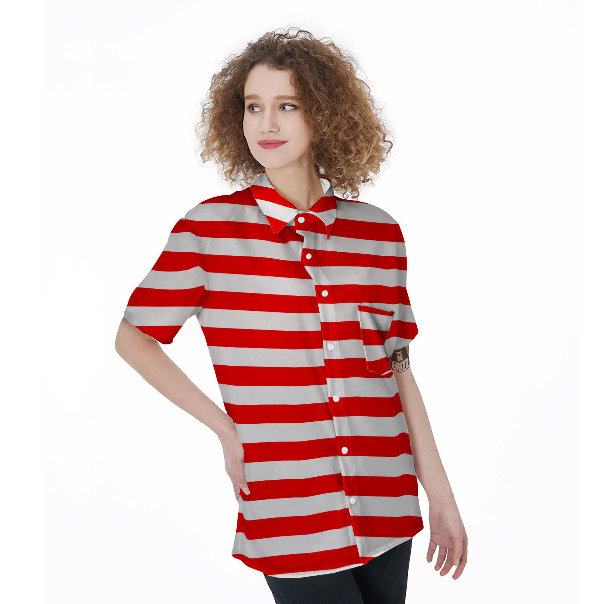 Red Color Striped Print Women's Short Sleeve Shirts-grizzshop