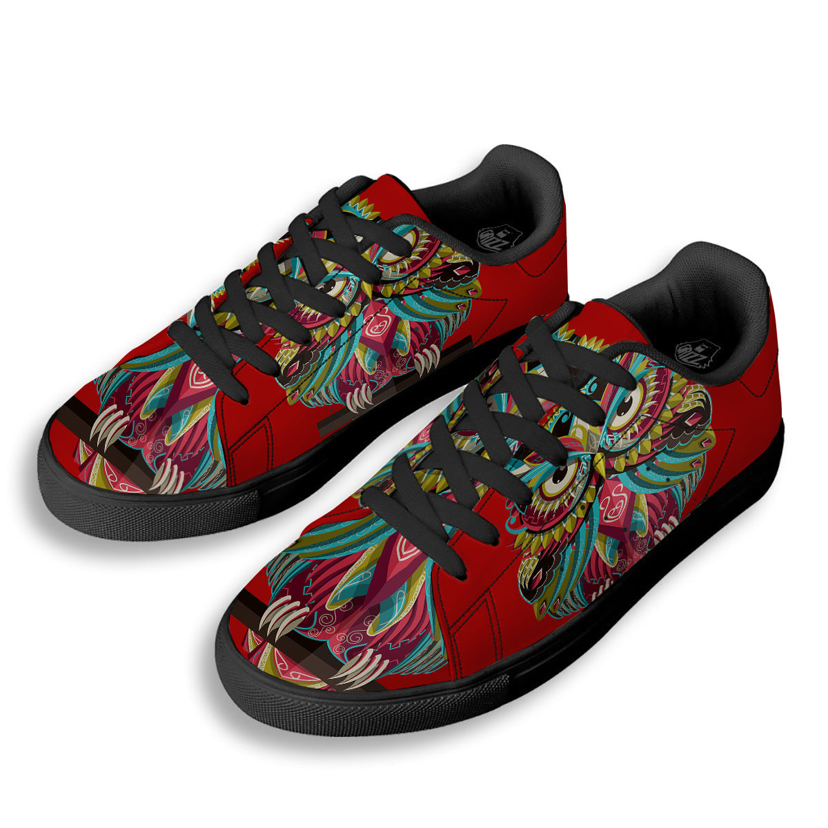 Red Colorful Owl Print Black Low Top Sneakers-grizzshop