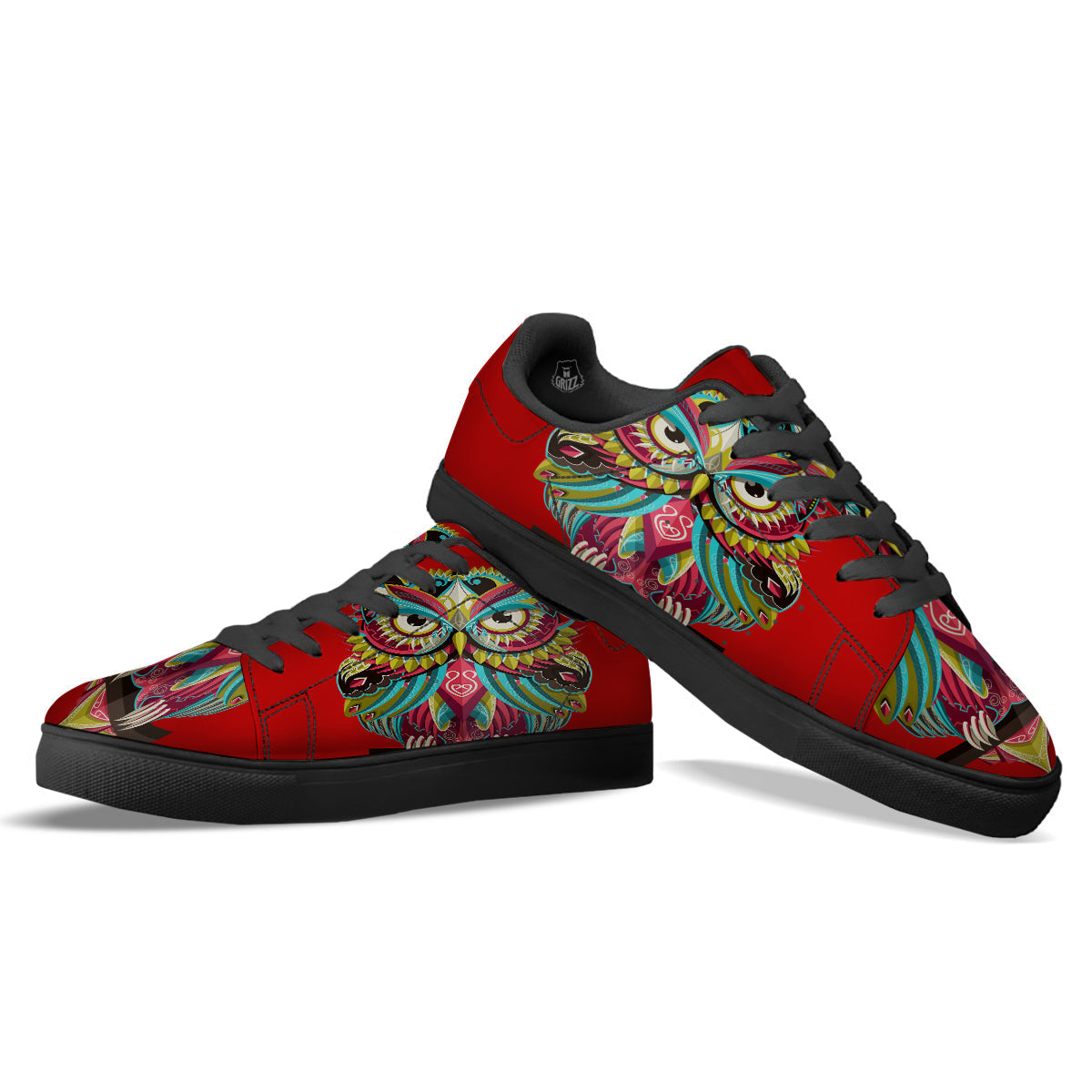 Red Colorful Owl Print Black Low Top Sneakers-grizzshop