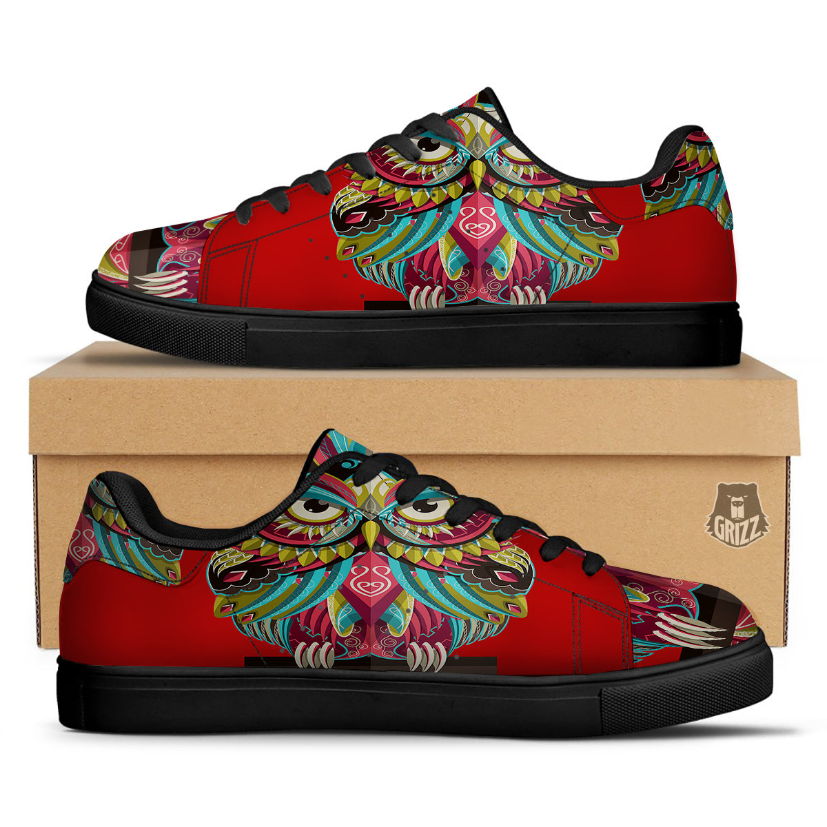 Red Colorful Owl Print Black Low Top Sneakers-grizzshop