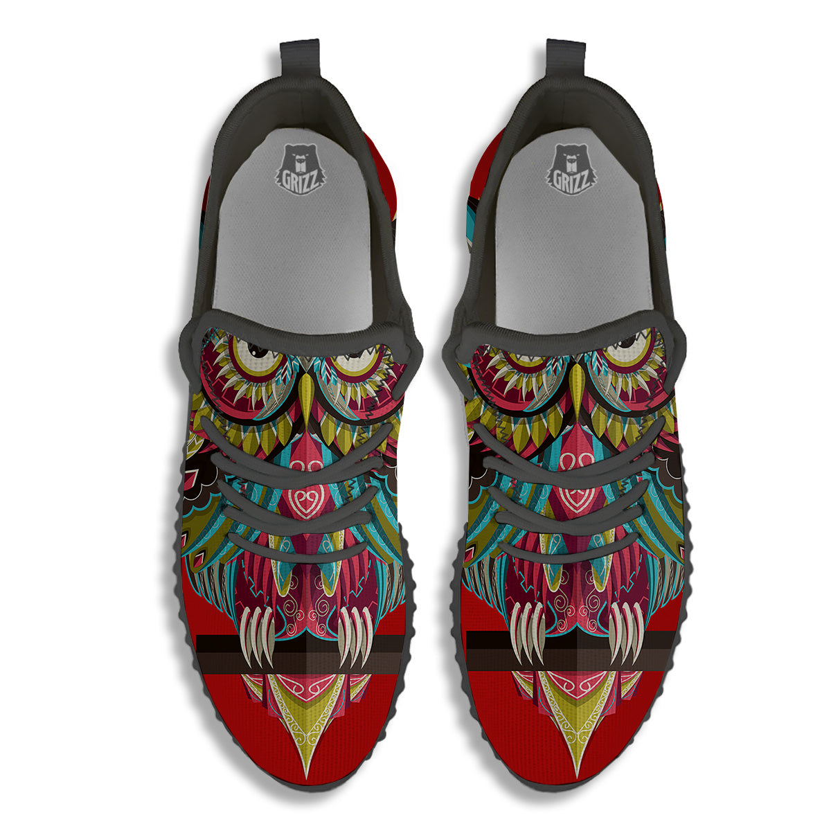 Red Colorful Owl Print Black Walking Shoes-grizzshop