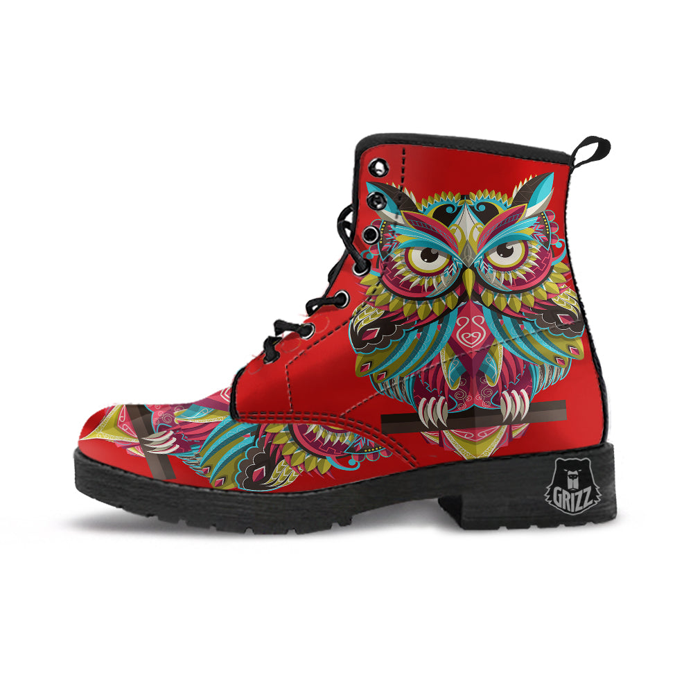 Red Colorful Owl Print Leather Boots-grizzshop