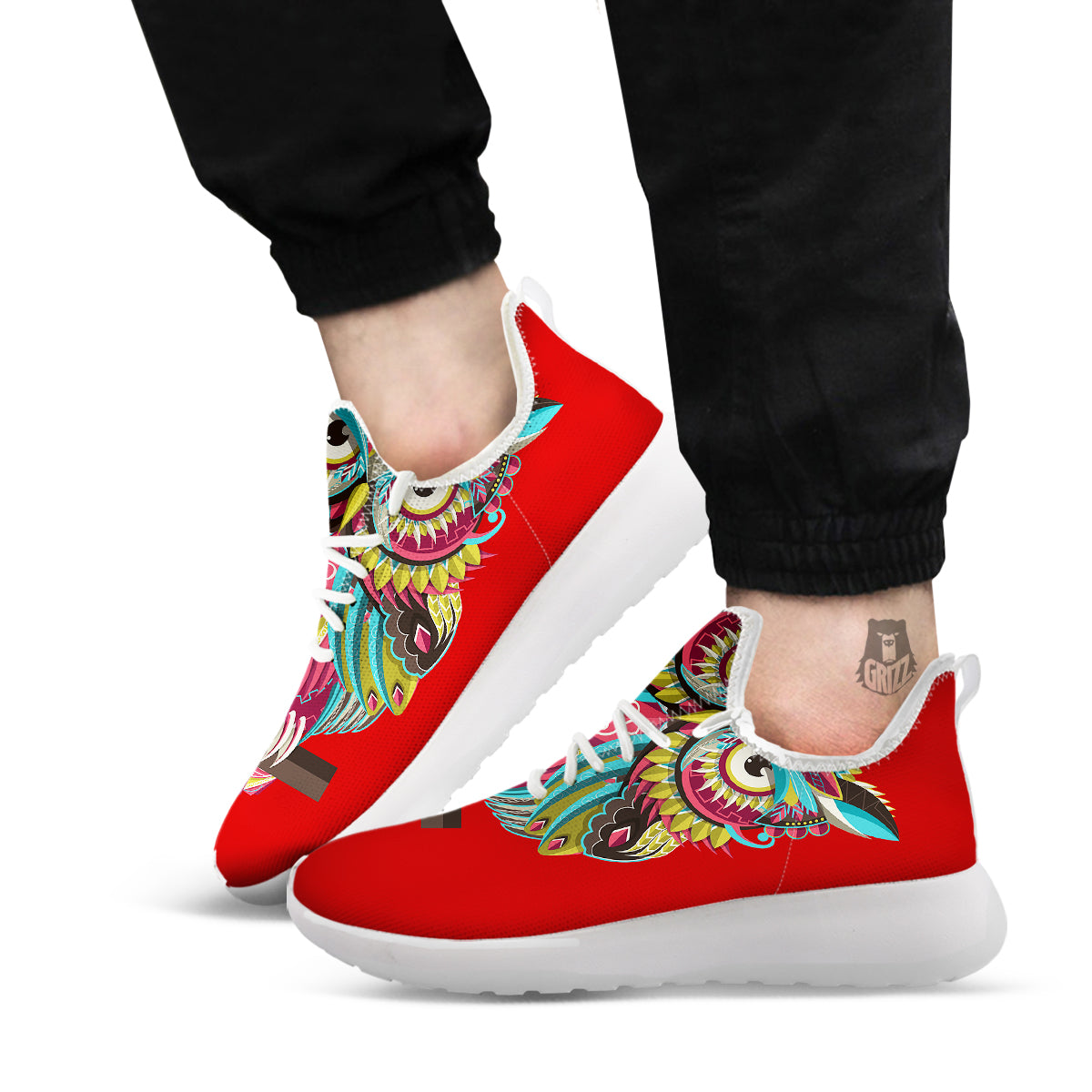Red Colorful Owl Print White Athletic Shoes-grizzshop