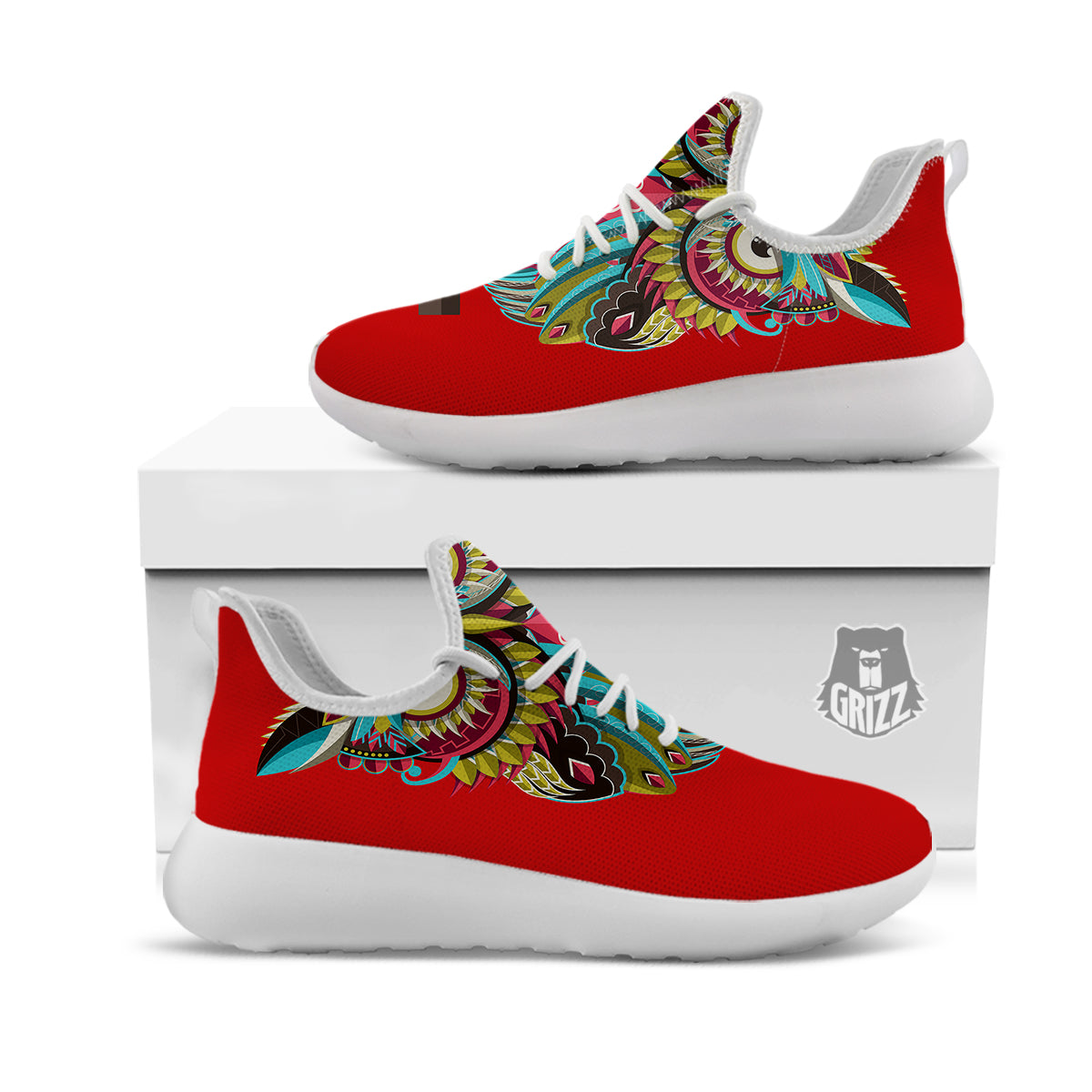 Red Colorful Owl Print White Athletic Shoes-grizzshop