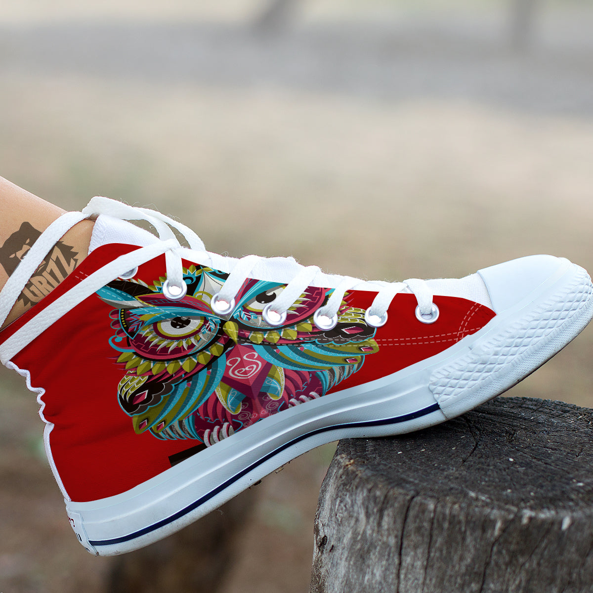 Red Colorful Owl Print White High Top Shoes-grizzshop