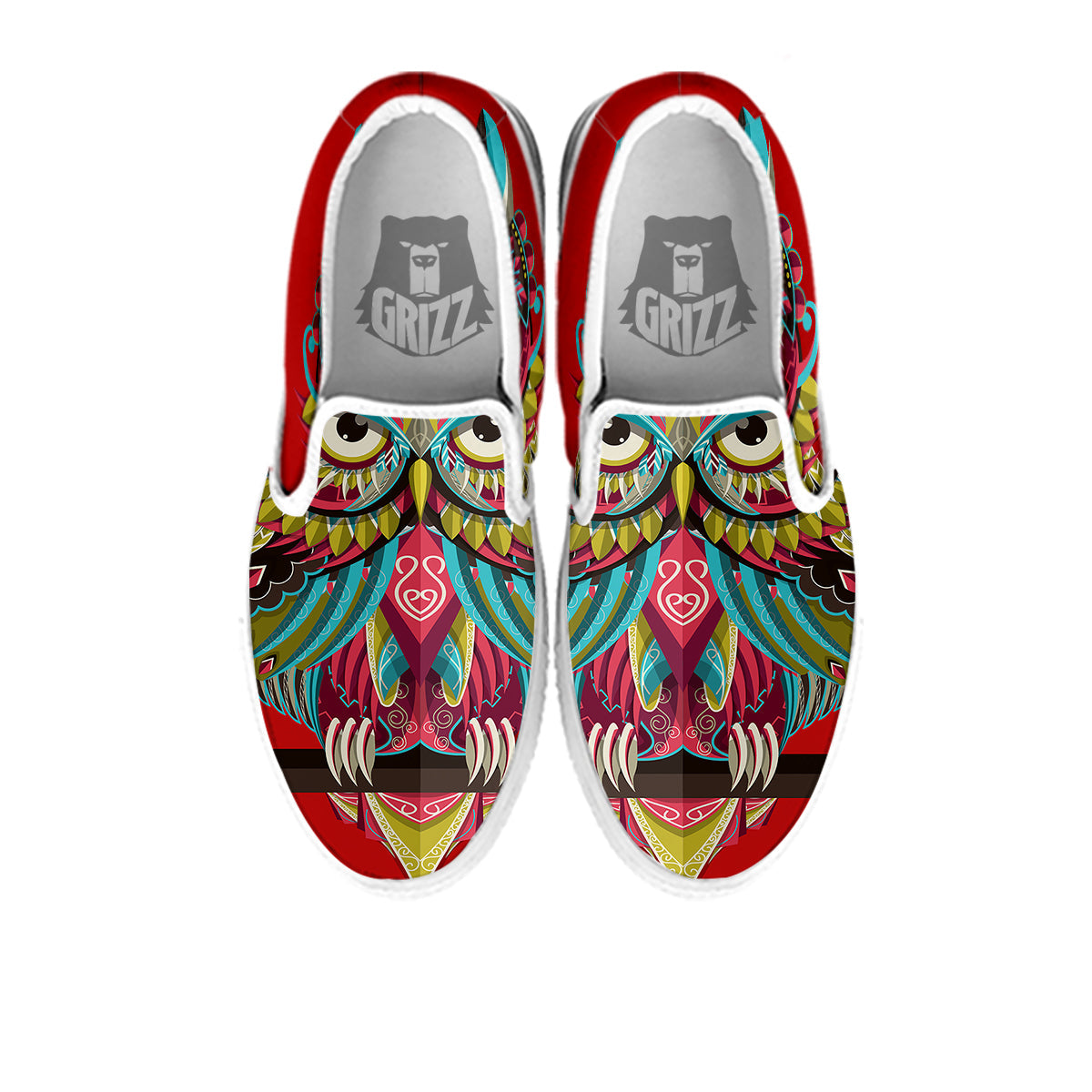 Red Colorful Owl Print White Slip On Shoes-grizzshop