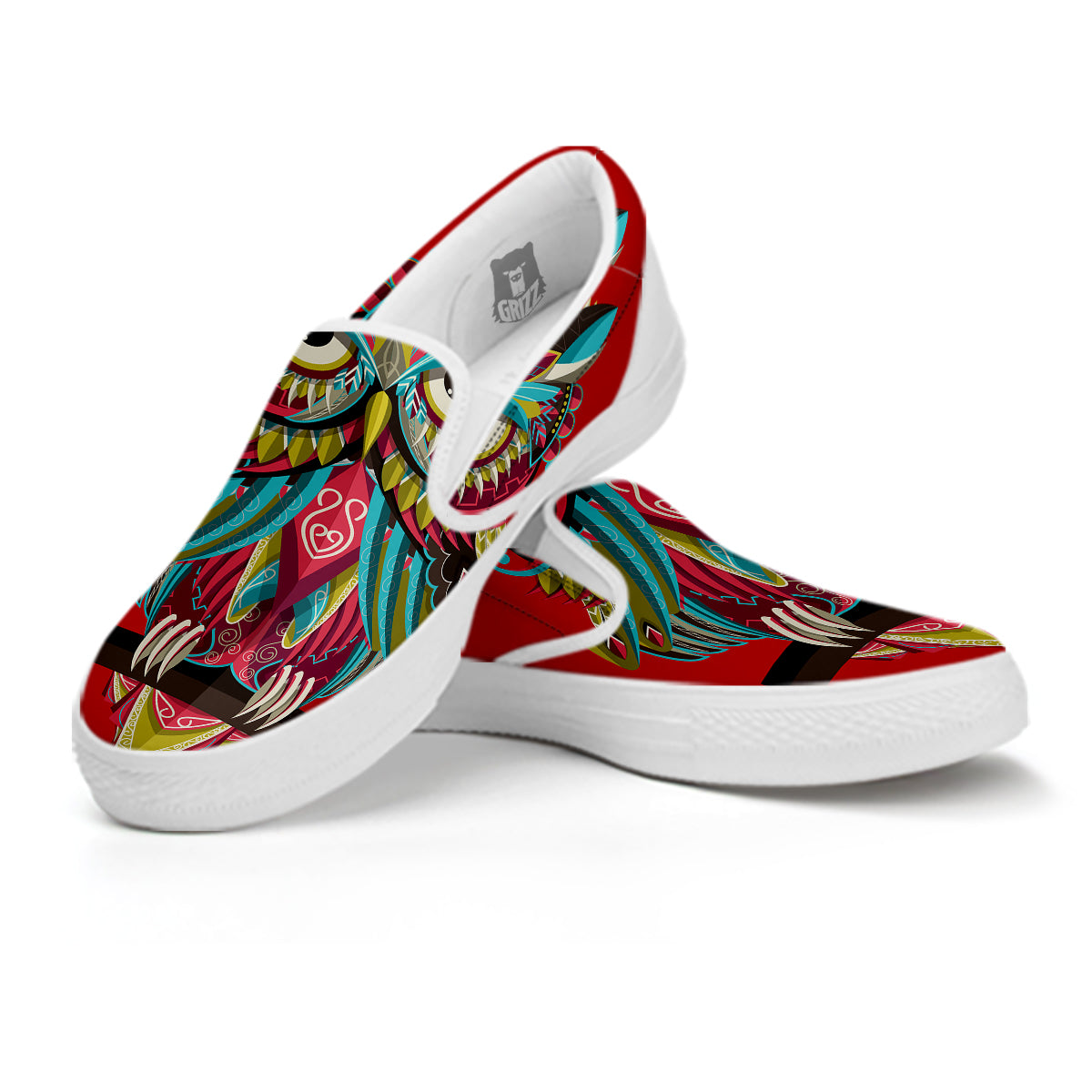 Red Colorful Owl Print White Slip On Shoes-grizzshop