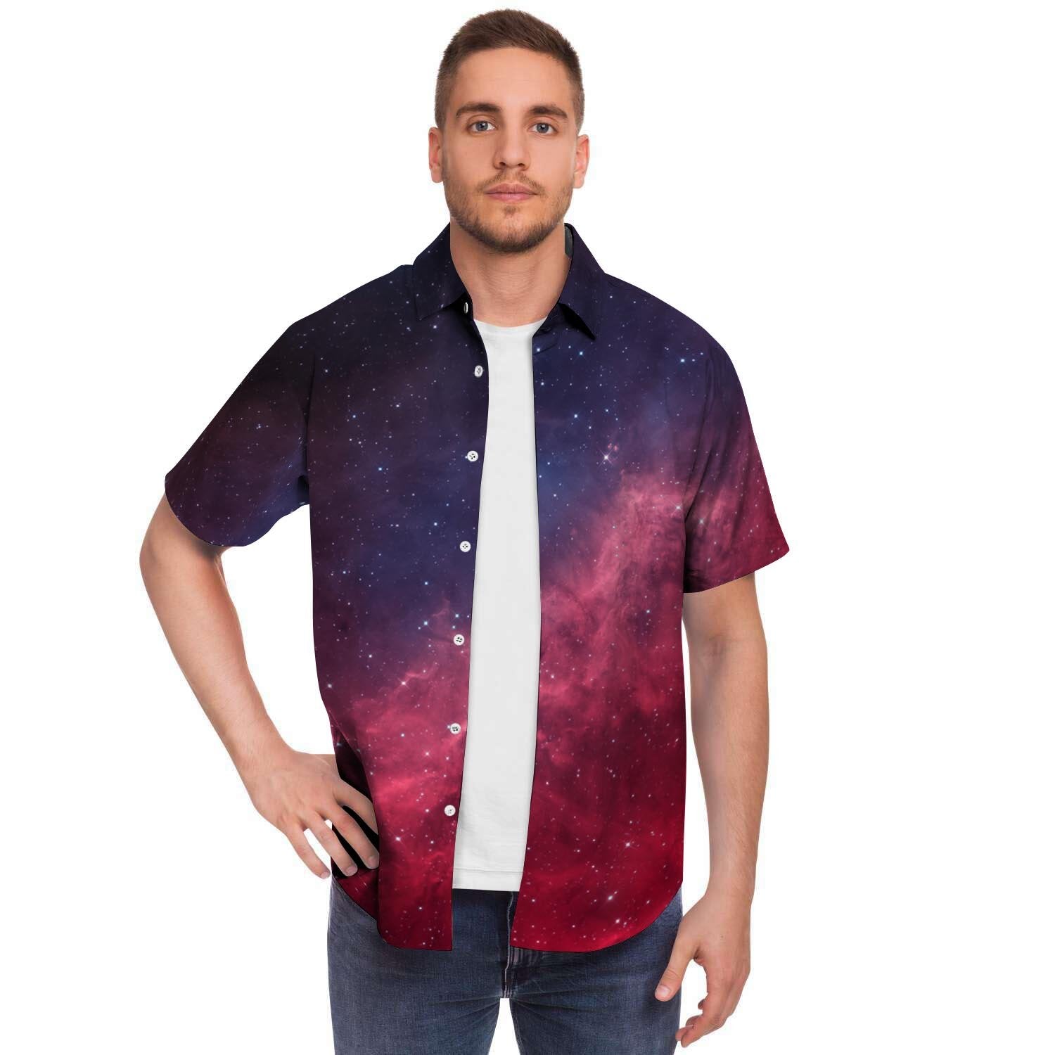 Red Cosmic Galaxy Space Men's Short Sleeve Shirt-grizzshop