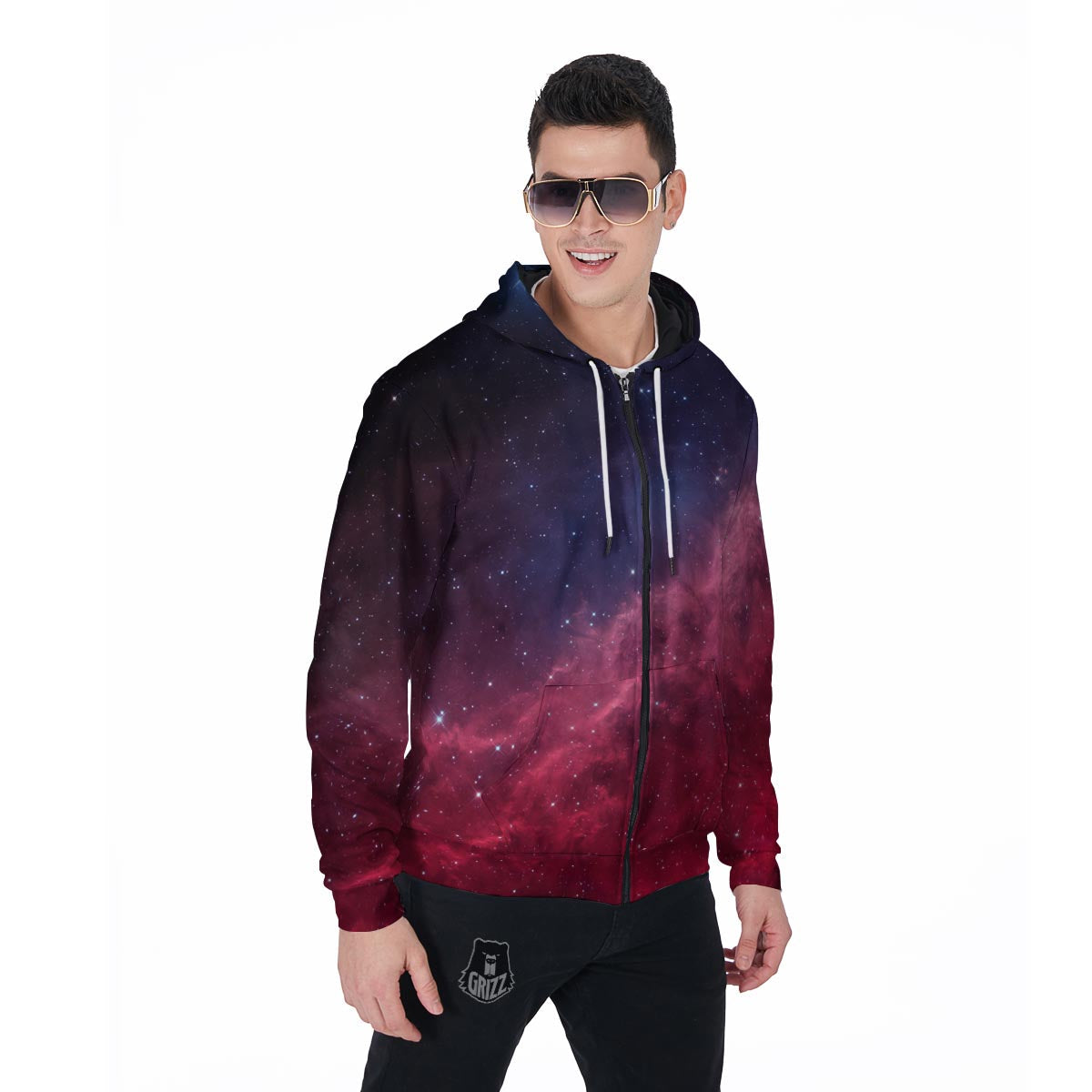 Red Cosmic Galaxy Space Men's Zip Up Hoodie-grizzshop