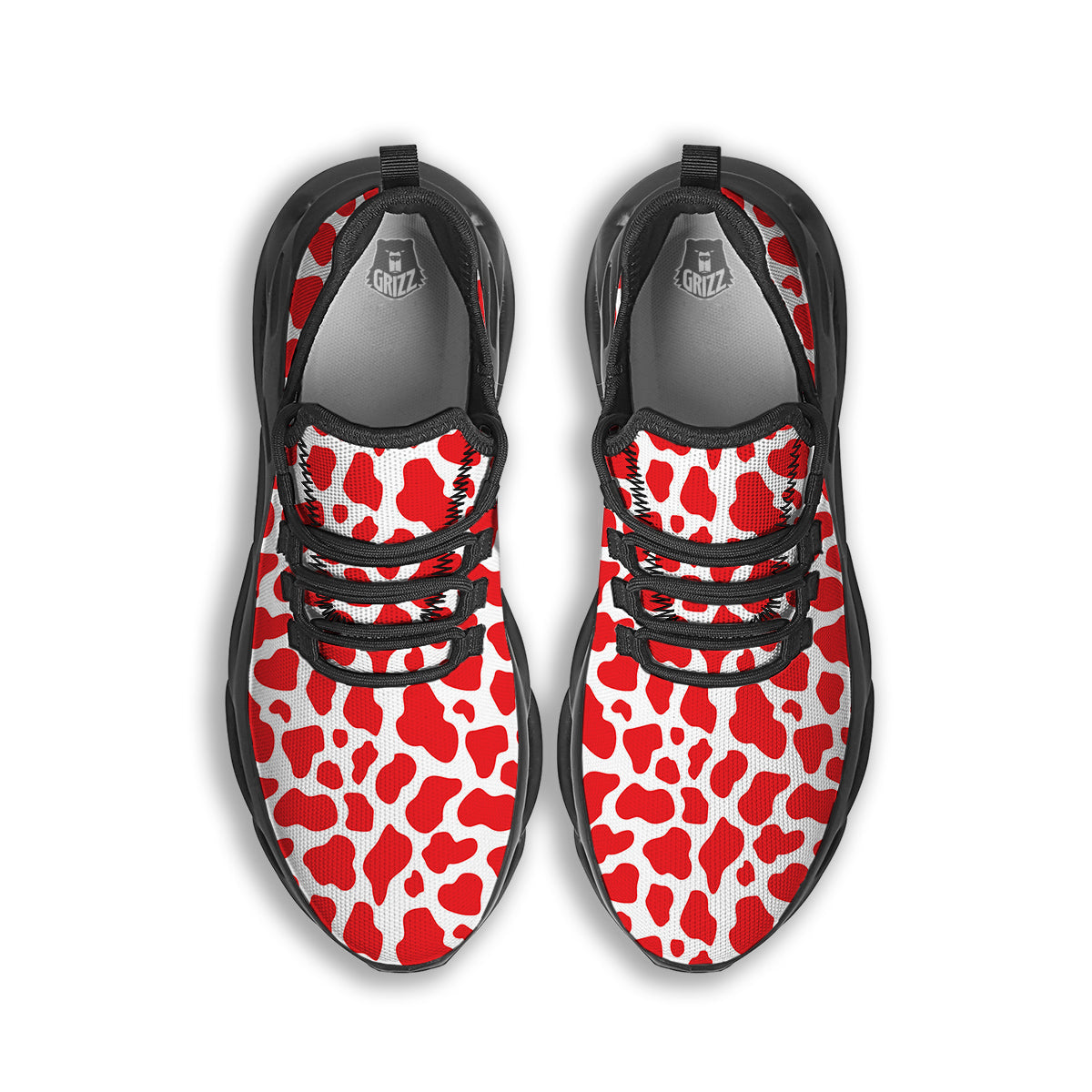 Red Cow Print Pattern Black Running Shoes-grizzshop