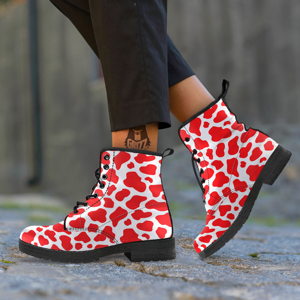 Red Cow Print Pattern Leather Boots-grizzshop