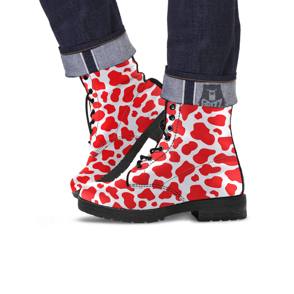 Red Cow Print Pattern Leather Boots-grizzshop