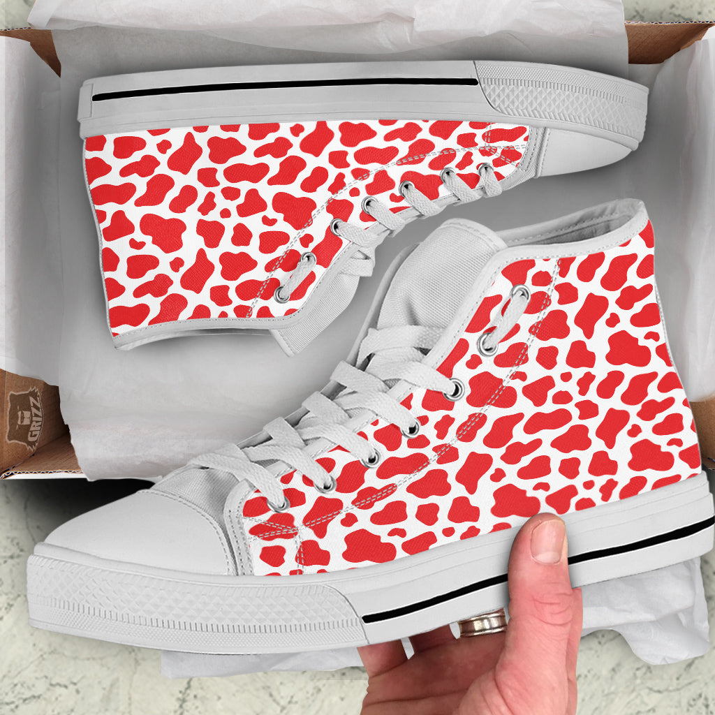 Red Cow Print Pattern White High Top Shoes-grizzshop