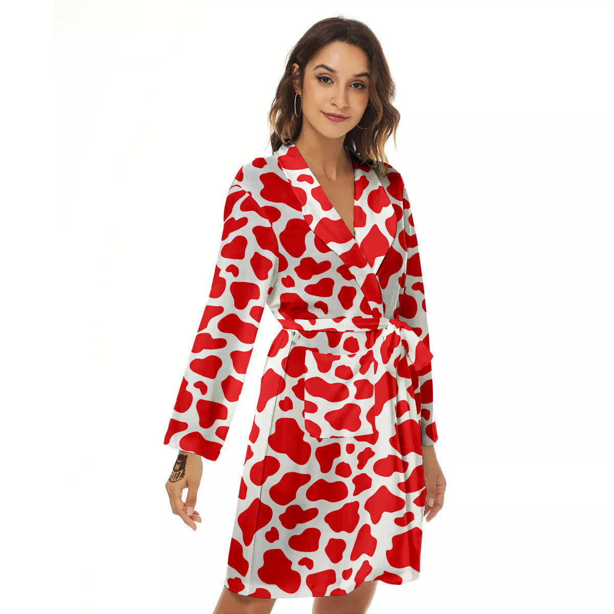 Red Cow Print Pattern Women's Robe-grizzshop
