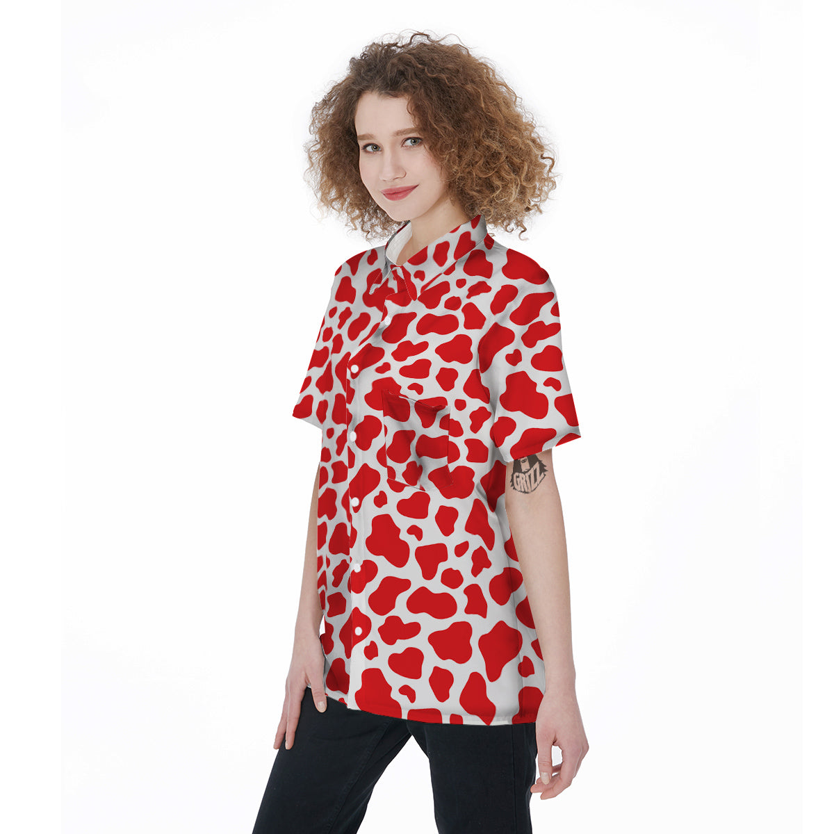 Red Cow Print Pattern Women's Short Sleeve Shirts-grizzshop