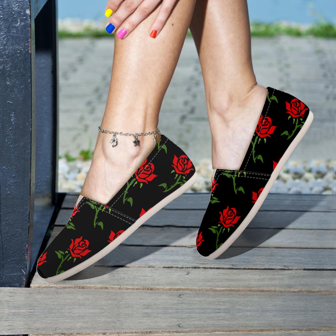 Red Doodle Rose Floral Canvas Shoes-grizzshop