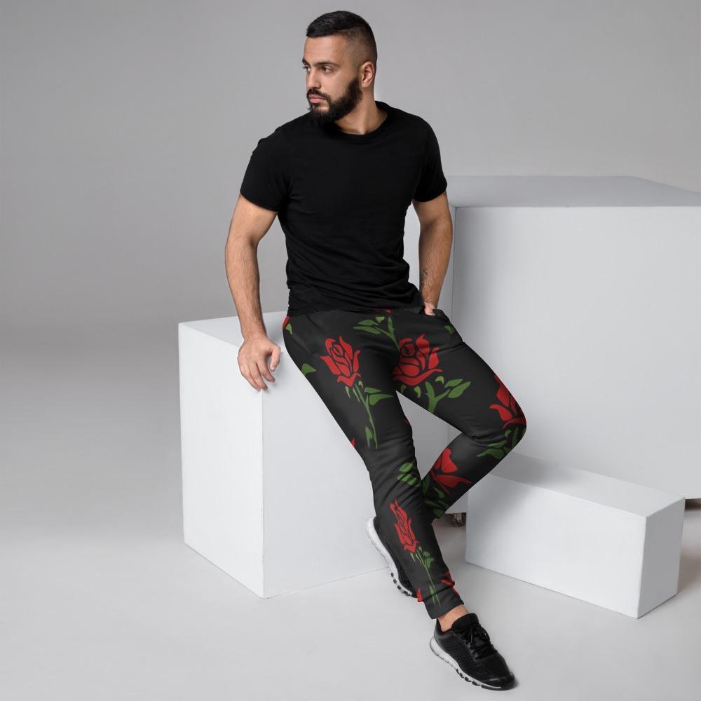 Red Doodle Rose Floral Men's Joggers-grizzshop