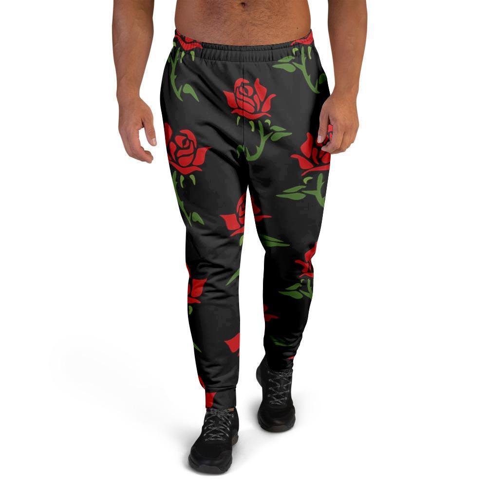 Red Doodle Rose Floral Men's Joggers-grizzshop