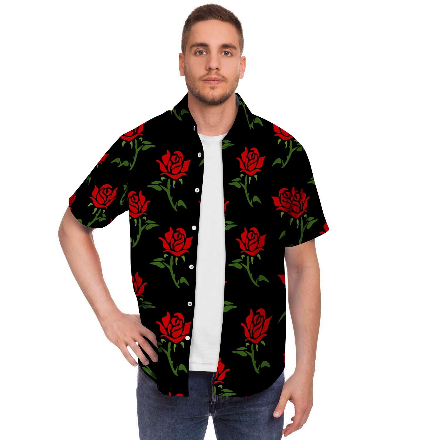 Red Doodle Rose Floral Men's Short Sleeve Shirt-grizzshop