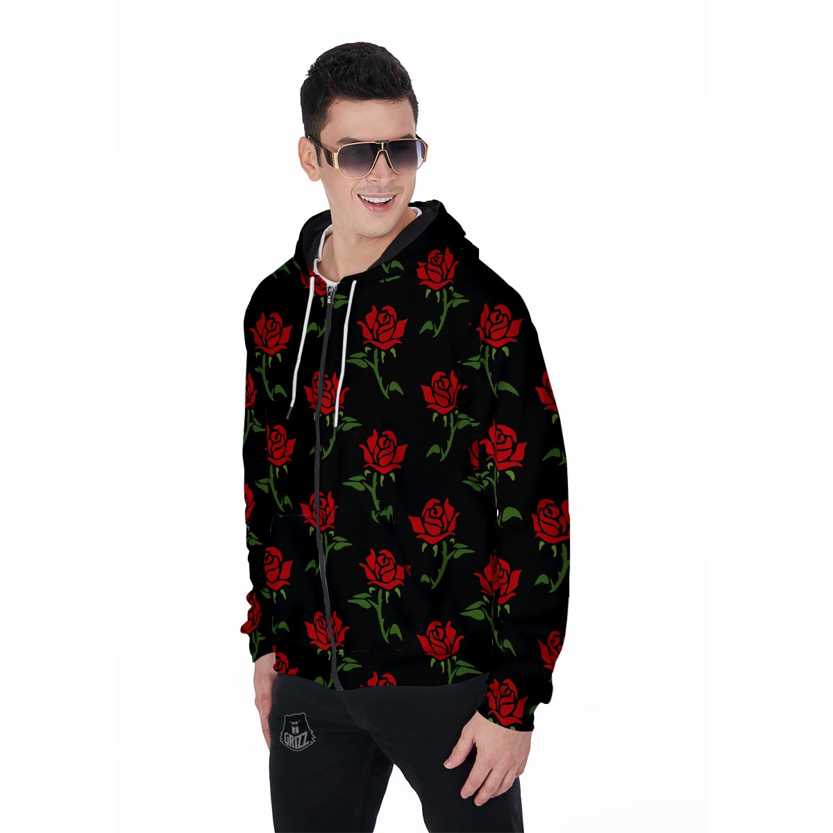 Red Doodle Rose Floral Men's Zip Up Hoodie-grizzshop