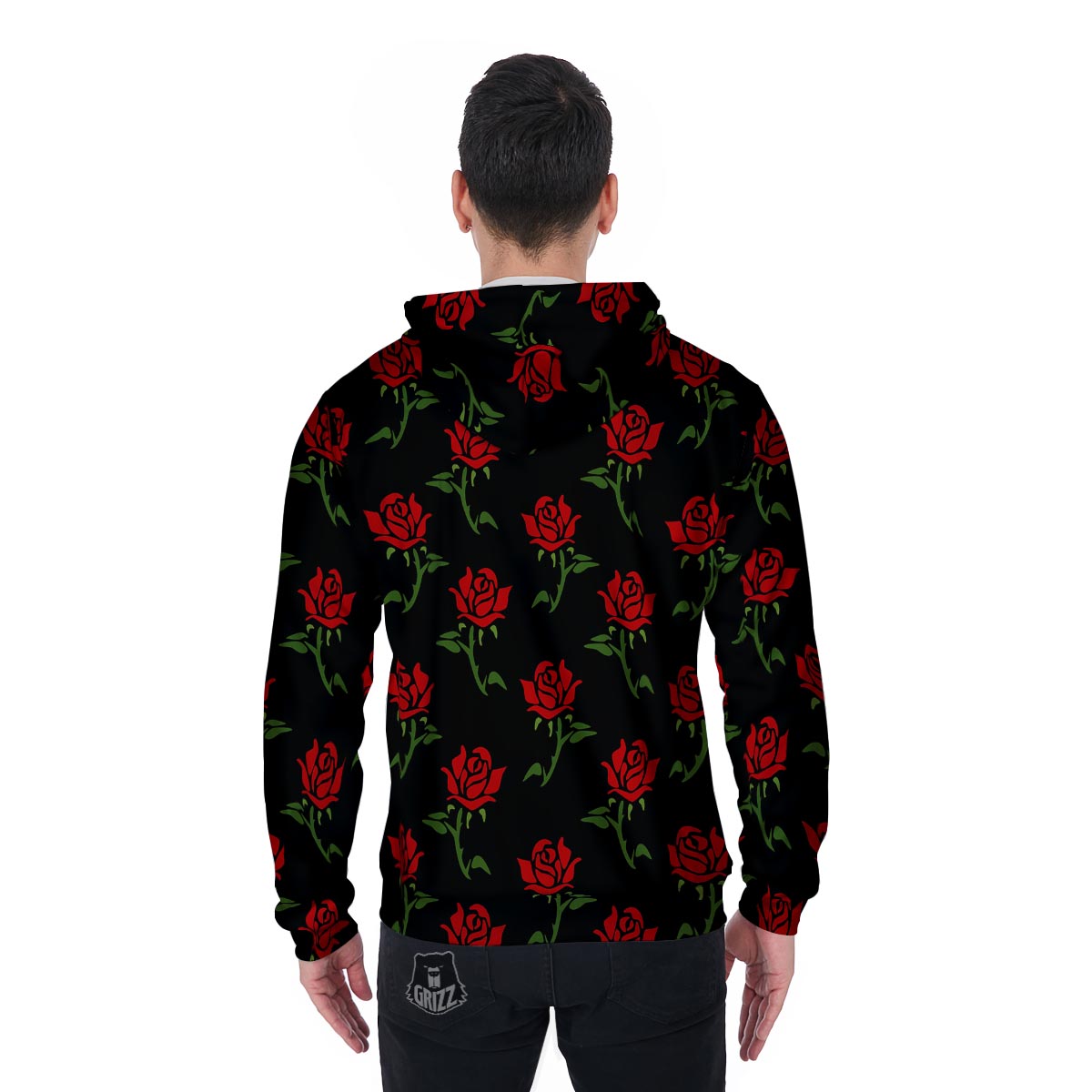 Red Doodle Rose Floral Men's Zip Up Hoodie-grizzshop