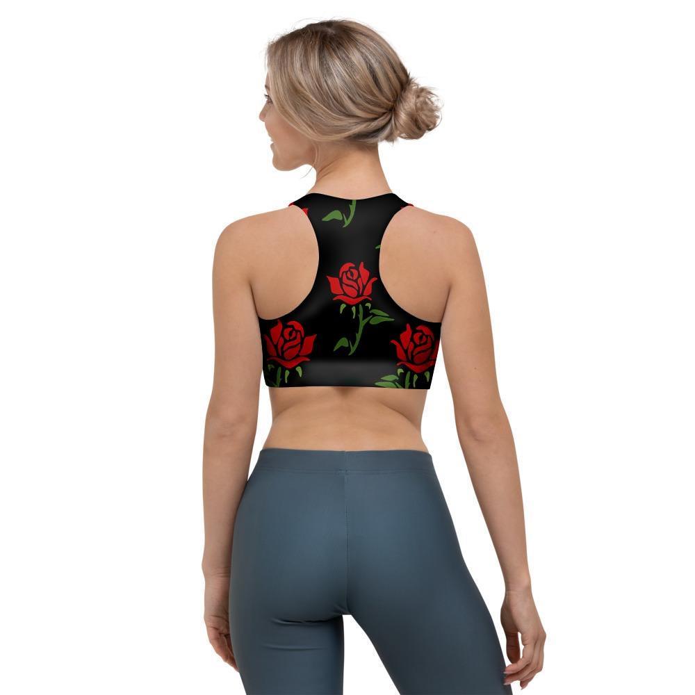 Red Doodle Rose Floral Sports Bra-grizzshop