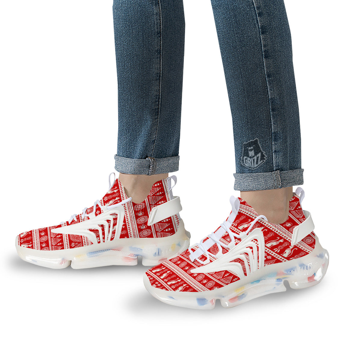 Red Egypt Symbol Print Pattern White Gym Shoes-grizzshop