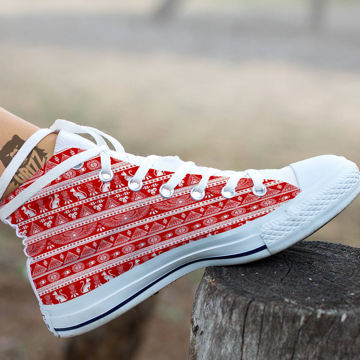 Red Egypt Symbol Print Pattern White High Top Shoes-grizzshop