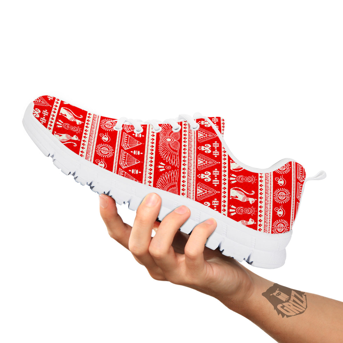Red Egypt Symbol Print Pattern White Sneaker-grizzshop