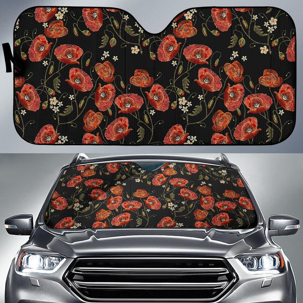 Red Floral Poppy Pattern Print Car Sun Shade-grizzshop
