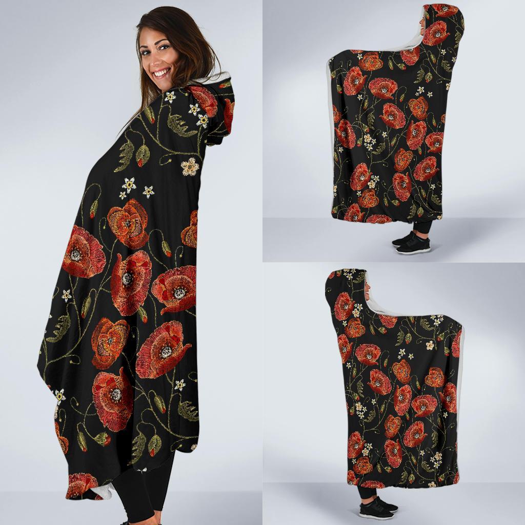 Red Floral Poppy Pattern Print Hooded Blanket-grizzshop