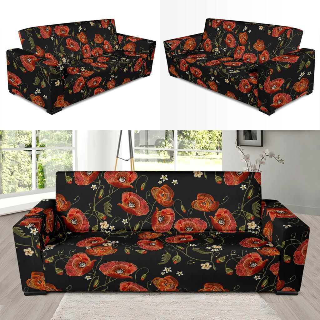 Red Floral Poppy Pattern Print Sofa Covers-grizzshop