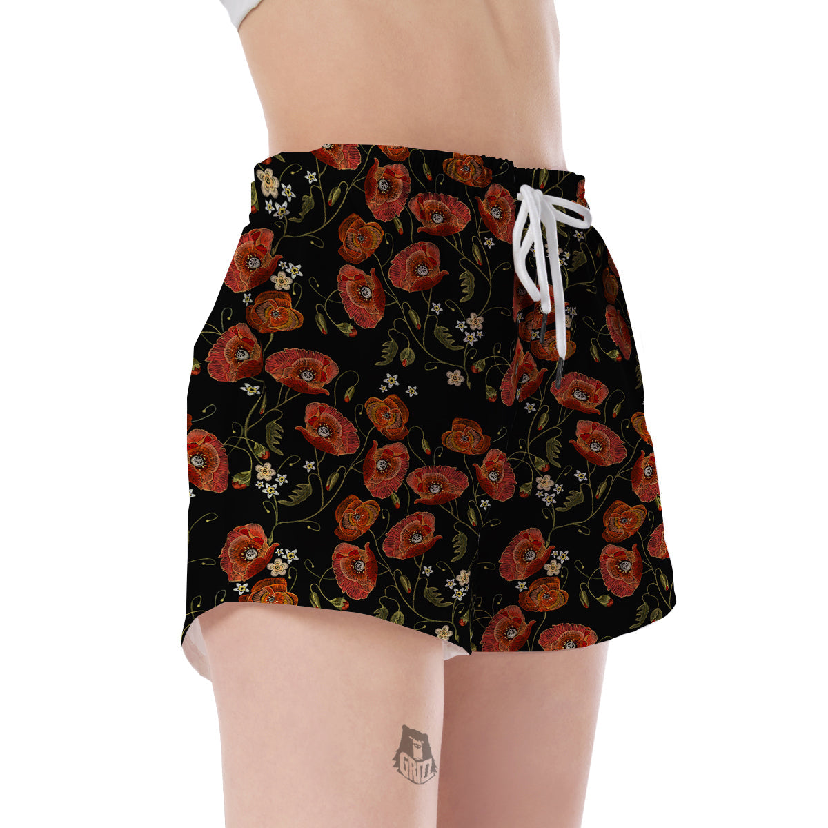 Red Floral Poppy Pattern Print Women's Shorts-grizzshop