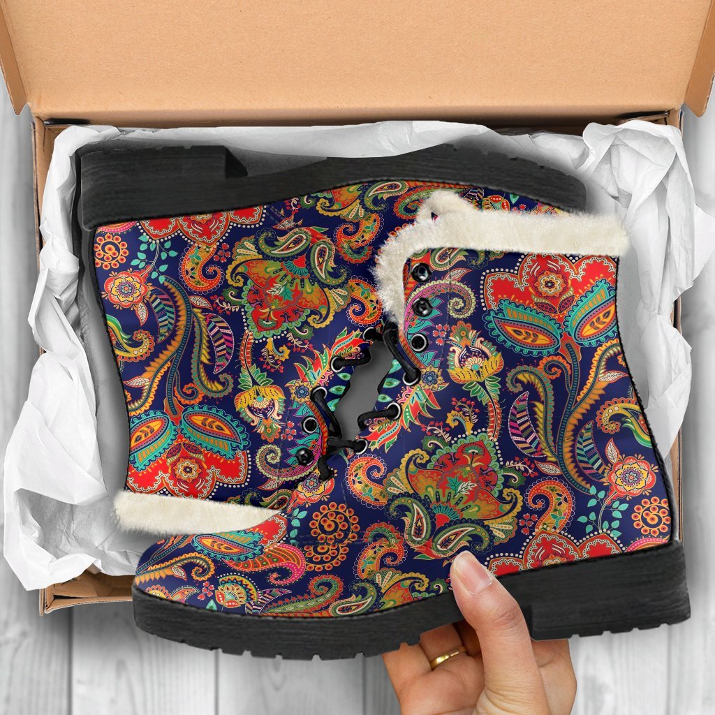 Red Flower Paisley Pattern Print Comfy Winter Boots-grizzshop