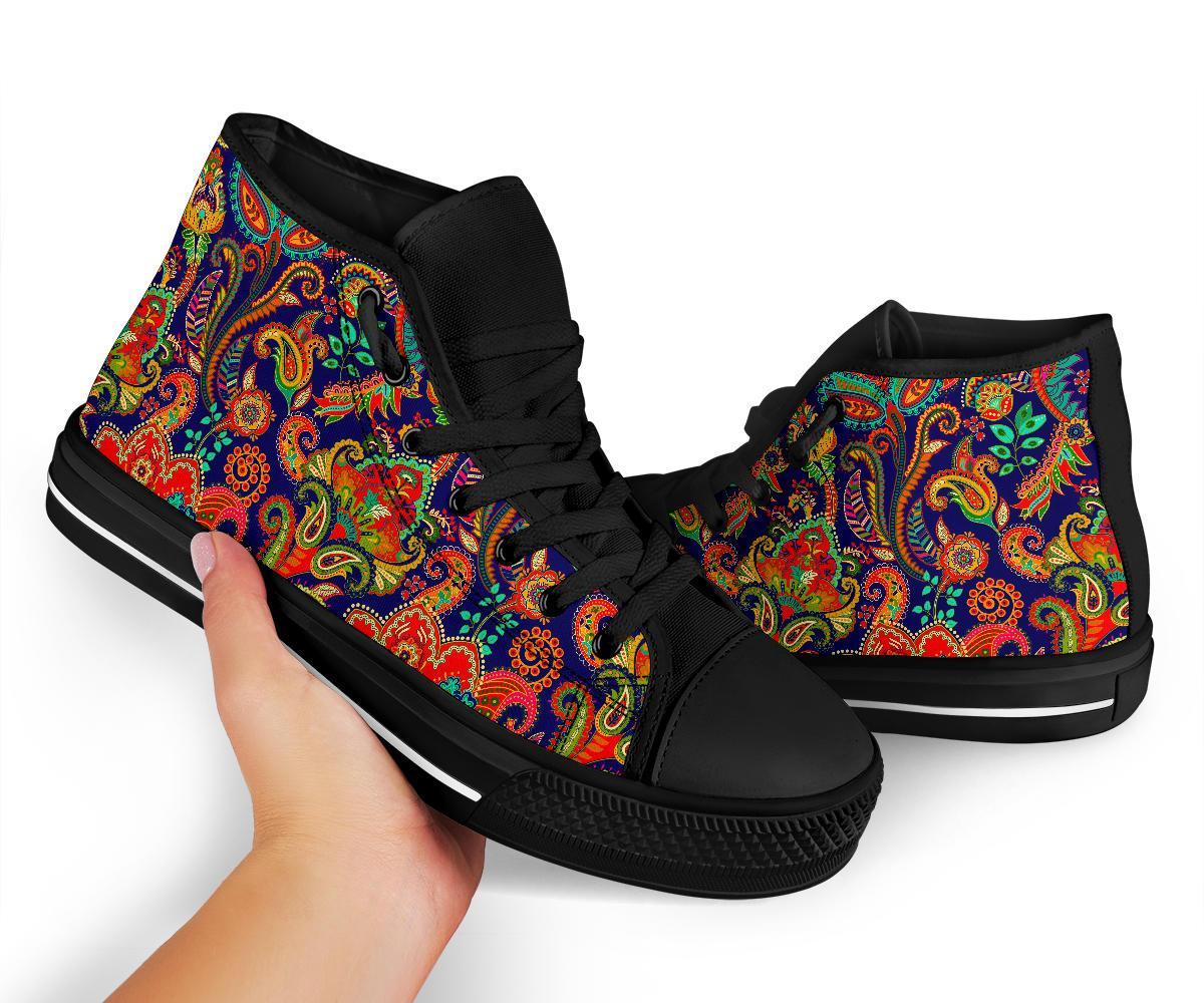 Red Flower Paisley Pattern Print Men Women's High Top Shoes-grizzshop
