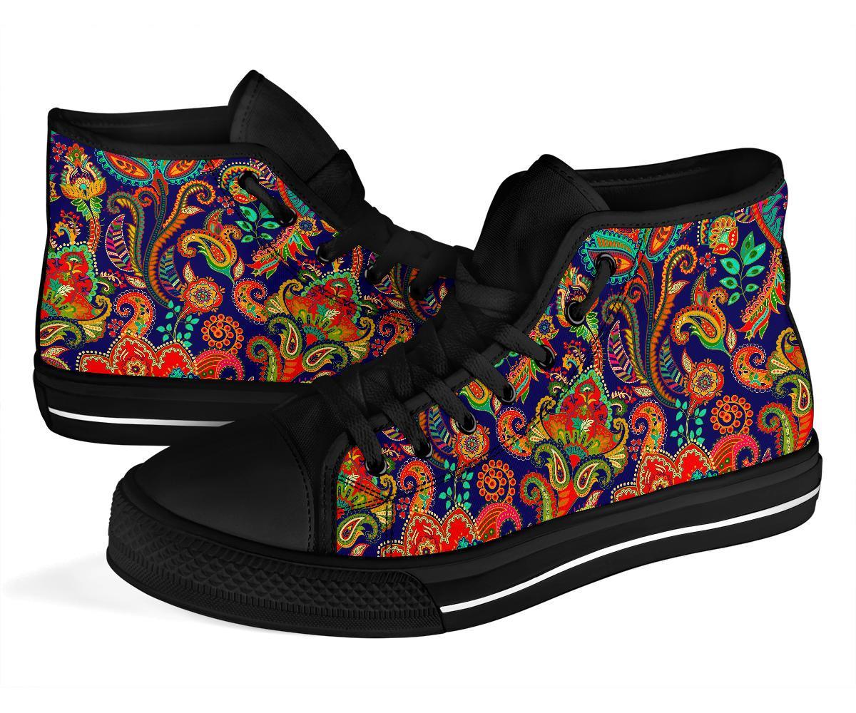 Red Flower Paisley Pattern Print Men Women's High Top Shoes-grizzshop