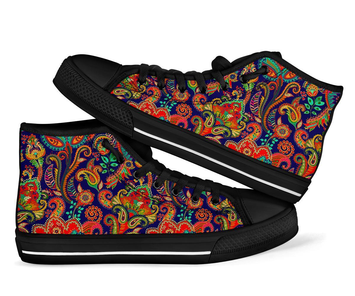 Red Flower Paisley Pattern Print Men Women's High Top Shoes-grizzshop